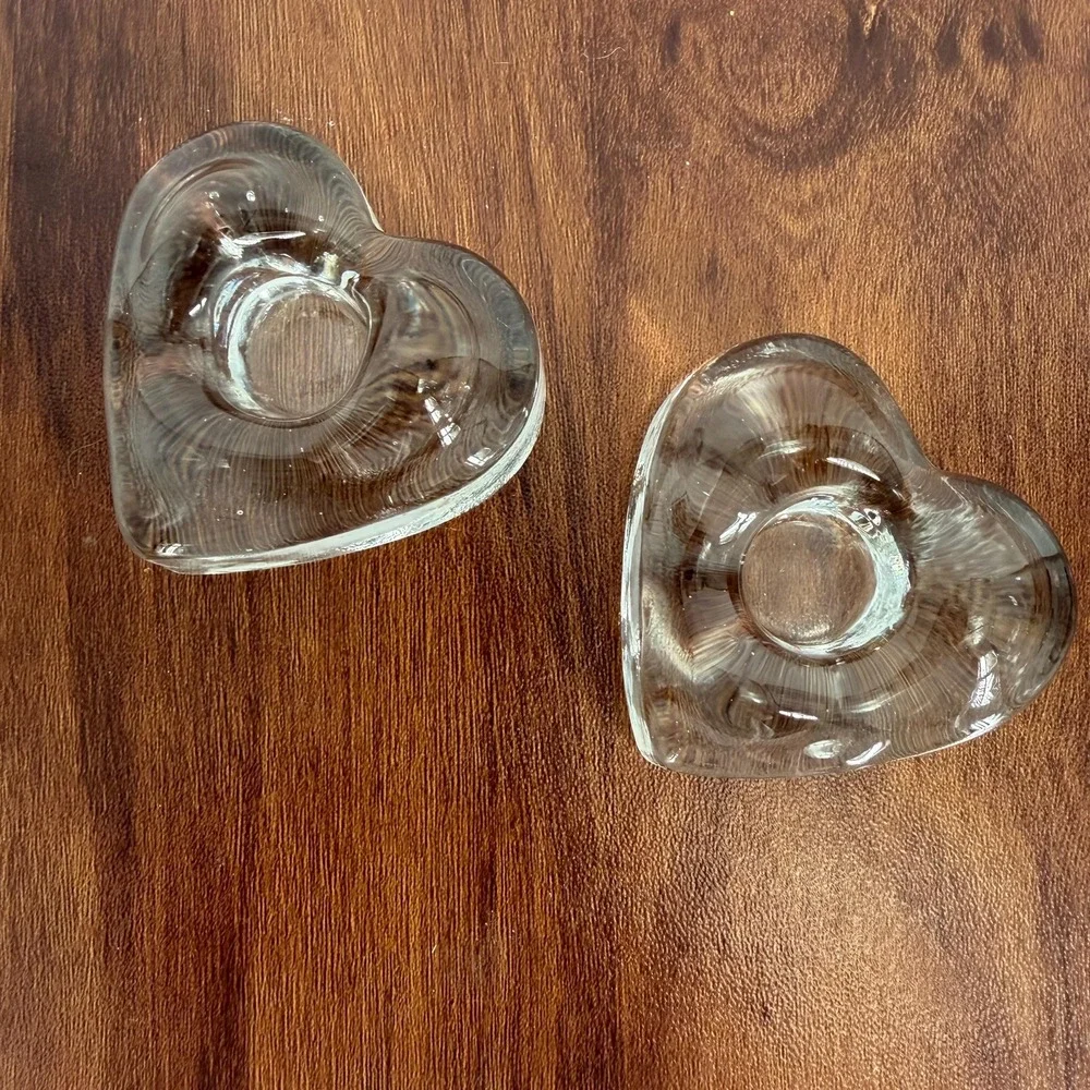 VNG Orrefors Crystal Heart Taper Candle Holders (2) Scandinavian Candlesticks